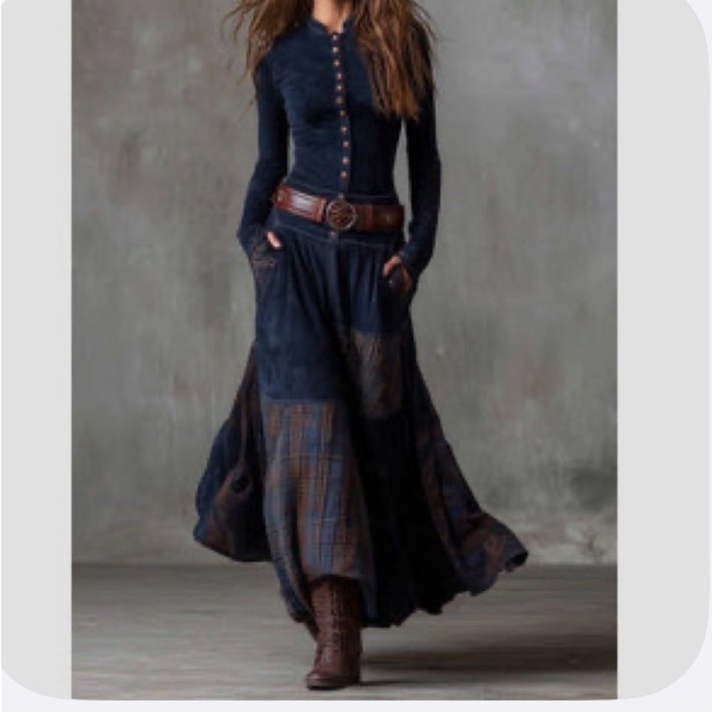 Helena Patchwork Boho Maxi Dress  in Navy Plaid